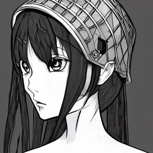 Image similar to vector illustration ink drawing of an anime manga gothic girl portrait with an intricate futuristic urban inspired helmet, hyperrealistic oil painting, by makoto shinkai and ilya kuvshinov and lois van baarle and rossdraws and basquiat, trending on artstation, black and white, chromatic aberration, monochrome color palette, halftone shaded background