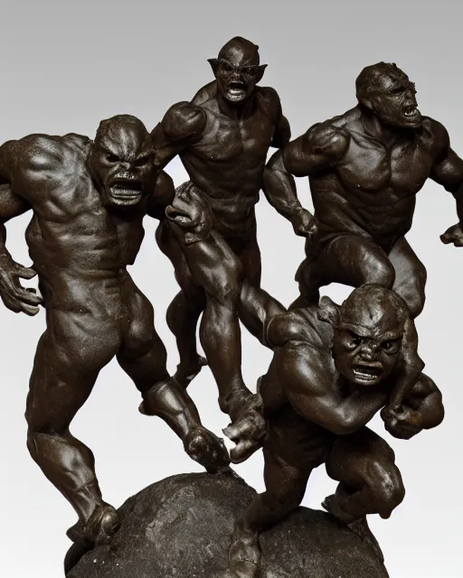 Prompt: a full figure rubber sculpture of a group of running orcs, by Michelangelo, dramatic lighting, rough texture, subsurface scattering, wide angle lens
