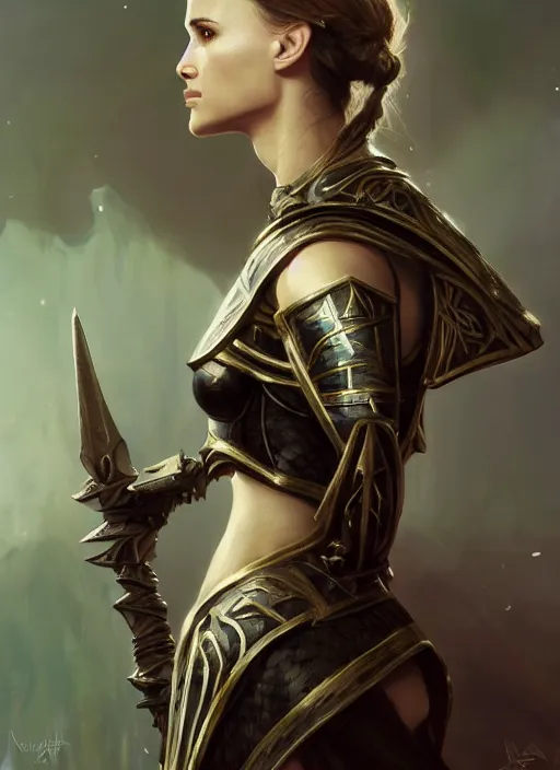 Image similar to young natalie portman, legendary warrior, warframe, lord of the rings, tattoos, decorative ornaments, battle armor, carl spitzweg, ismail inceoglu, vdragan bibin, hans thoma, greg rutkowski, alexandros pyromallis, cute, perfect face, detailed, sharply focused, centered, rule of thirds, photorealistic shading