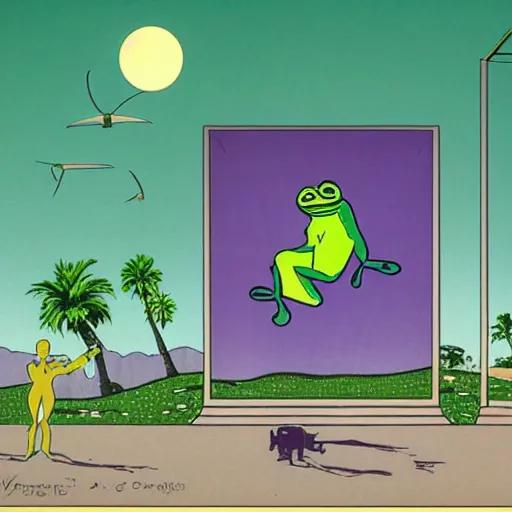 Prompt: ufo and aliens with pepe the frog beaming up abducting cows along coast line pastures, summer night and palm trees. by patrick nagel, by norman rockwell, by virgil finlay minimalist lighting, precisionist, 1 0 0 0 0 mm. purple and green gammas.