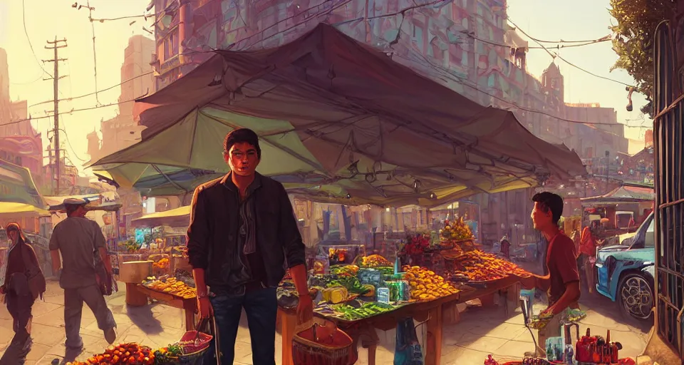 Image similar to highly detailed portrait young man mexican vendor in gta v, street market, happy ambience, stephen bliss, unreal engine, fantasy art by greg rutkowski, loish, rhads, ferdinand knab, makoto shinkai and lois van baarle, ilya kuvshinov, rossdraws, tom bagshaw, global illumination, detailed and intricate environment