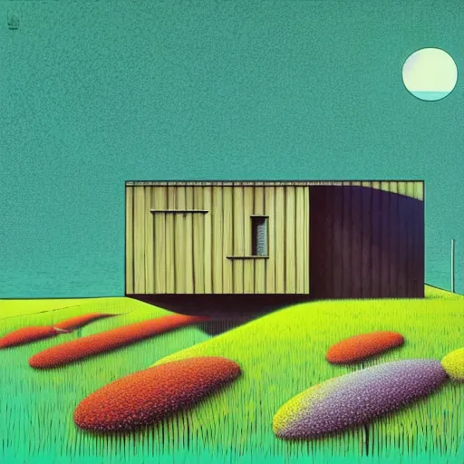 Prompt: surreal glimpse into other universe, house by tadao ando, summer morning, very coherent and colorful high contrast, art by!!!! gediminas pranckevicius!!!!, geof darrow, floralpunk screen printing woodblock, dark shadows, hard lighting, stipple brush technique,