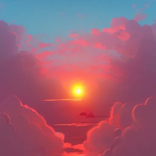 Image similar to a small sailboat flying through the sky, fluffy clouds, red-pink sunset, floating, fantasy, concept art, illustration, artstation award, bright