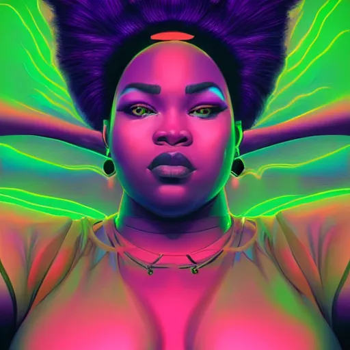 Image similar to african bbw neon queen, science fiction, highly detailed, digital painting, beautiful eyes, symmetry, concept art, sharp focus, volumetric lighting, illustration, global illumination, radiant light, synthwave colors, detailed and intricate environment, art by artgerm and greg rutkowski and magali villeneuve and ilya kuvshinov!