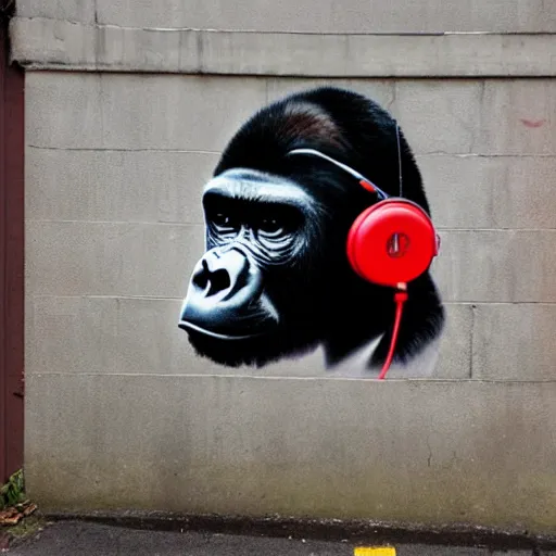 Image similar to gorilla wearing red headphones by banksy