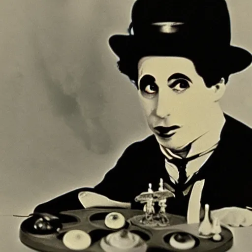 Image similar to Charlie chaplin in a beyblade battle painting