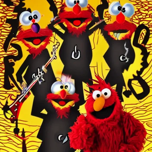 Image similar to elmo in a satanic metal band