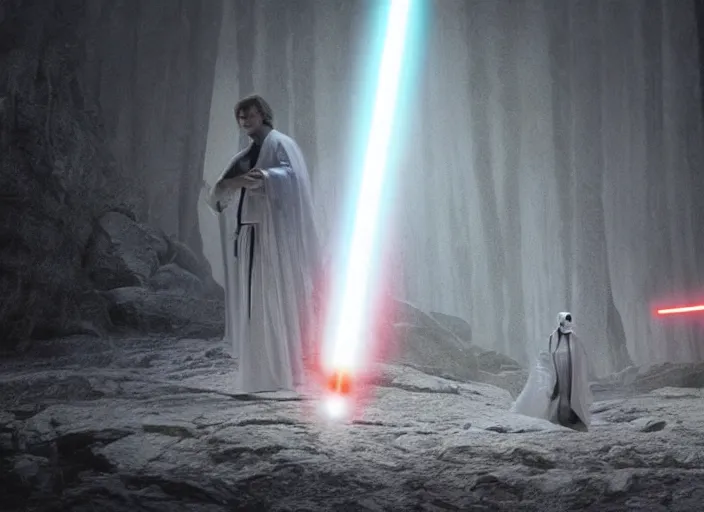 Image similar to epic still of Luke Skywalker using lightsaber against white robe female sith lord in foggy environment, approaching an ancient temple in the distance, iconic scene from the 1980s film directed by Stanley Kubrick, cinematic lighting, kodak film stock, strange, hyper real, stunning moody cinematography, with anamorphic lenses, crisp, detailed portrait, 4k image