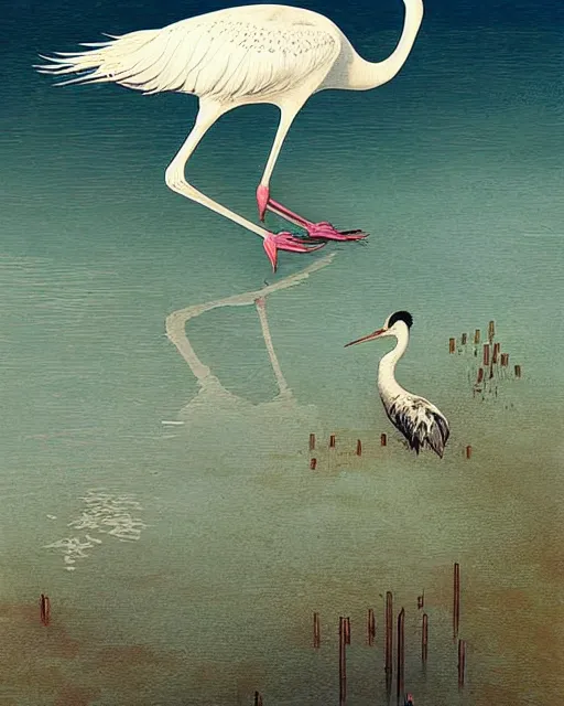 Prompt: a white crane bird hunting in shallow water by abandoned greek architecture, digital art, illustrated by james gurney and victo ngai