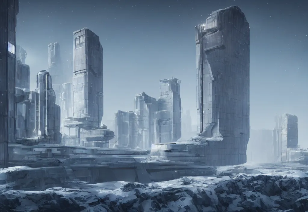 Prompt: modern corporate concrete and glass tower on a cold, snowy hill overlooking a massive frozen ocean. Concept art, star citizen.