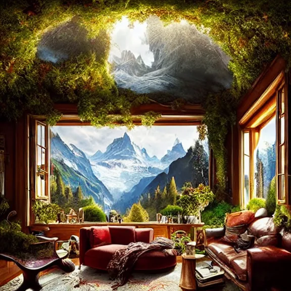 Image similar to fantastical living room with switzerland landscape in the window by marc adamus, beautiful dramatic lighting, overgrown with funghi, style by peter deligdisch, peterdraws