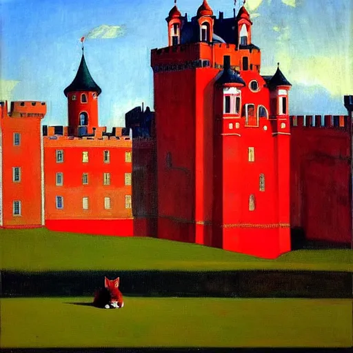 Prompt: only with red, in a red dream world, a crimson tiger, a big deal, a red fox, a castle in the background, in the style of beskinsky, part by hopper, part by rodcenko, part by hofbauer, intricate composition and red by caravaggio, insanely quality, masterpiece, oil on canvas, award winning, dramatic,