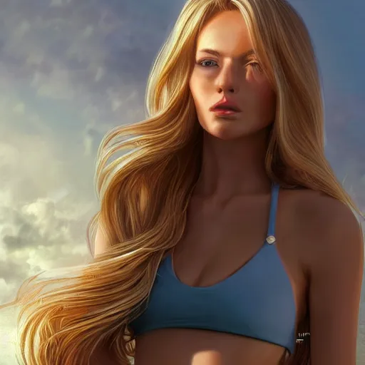 Prompt: a very beautiful young donald trump, full body, long wavy blond hair, sky blue eyes, full round face,, bikini, miniskirt, front shot, highly detailed, cinematic wallpaper by stanley artgerm lau