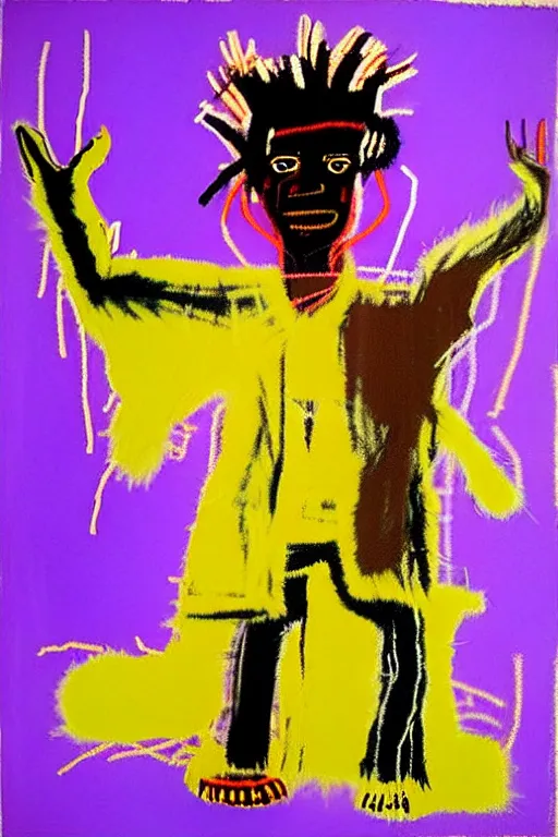 Image similar to a checkered fluffy robe over a purple clothed king, brown skin, painting by jean michel basquiat, andy warhol,