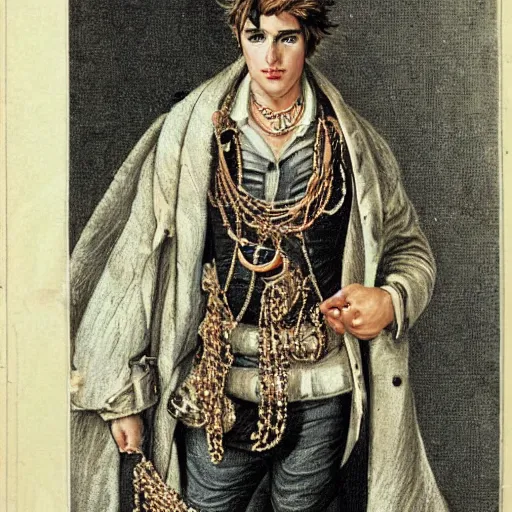 Image similar to a character model design of a handsome rebellious young man wearing excessive jewelry in an ornate and elegant way