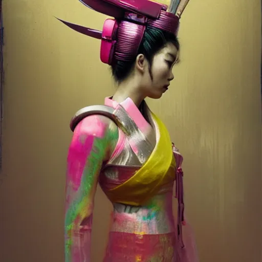 Prompt: a futuristic female geisha warrior in komono by cy Twombly and BASTIEN LECOUFFE DEHARME, pink and yellow, iridescent, volumetric lighting