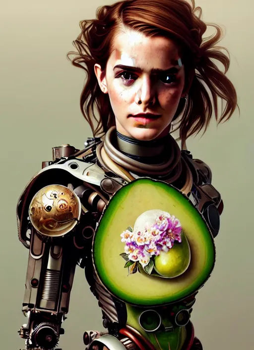 Prompt: portrait of emma watson as an avocado, robot steampunk, floral! horizon zero dawn machine, intricate, elegant, highly detailed, ray tracing, digital painting, artstation, concept art, smooth, sharp focus, illustration, art by artgerm and greg rutkowski and alphonse mucha, 8 k