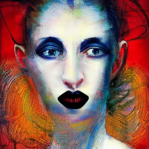 Image similar to The computer art is an abstract portrait of a woman. The woman's face is divided into two halves, one half is black and the other is white. The woman's eyes are large and staring. The computer art is full of energy and movement. post-impressionism by Enki Bilal, by Paolo Roversi calm, ultradetailed