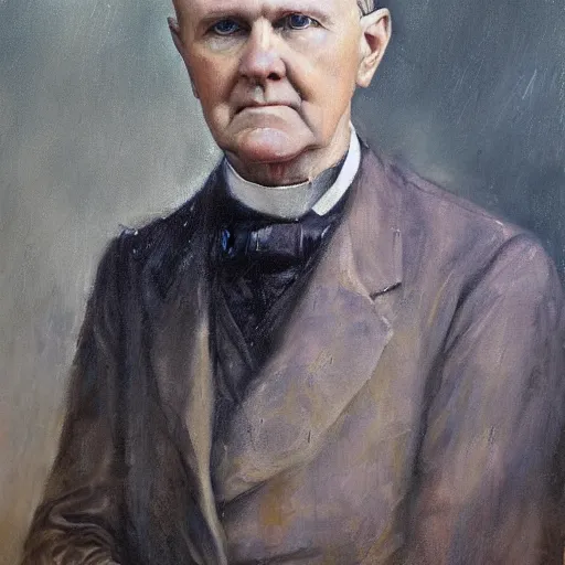 Prompt: calvin coolidge as a dnd fantasy tiefling, horned coolidge epic painting. official portrait, dnd character painting by gibbs - coolidge. oil on canvas, wet - on - wet technique, underpainting, grisaille, realistic. restored face.