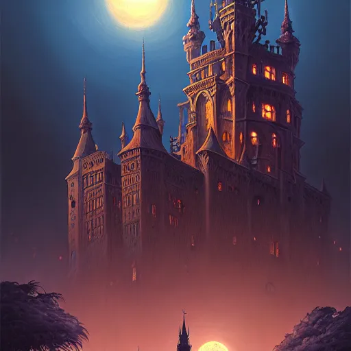 Prompt: foggy intricate gothic castle under the full moon, epic, intricate oil painting, high detail illustration, sharp high detail, manga and anime 1 9 9 9, official fanart behance hd artstation by jesper ejsing and makoto shinkai, 4 k,