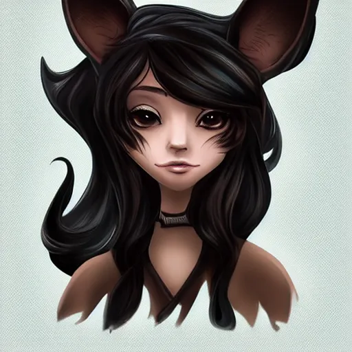 Image similar to headshot of young female furry, D&D, cute, fantasy, intricate, long hair, dark grey skin, mouse face, mouse nose, dark skin, mouse head, mouse ears, black hair, elegant, highly detailed, cartoony, artstation, concept art, smooth, sharp focus, illustration, art by Diives