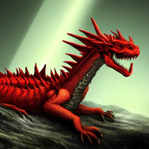 Prompt: photo of a large red scaly dragon sleeping on a giant pile of human bones in a dark dusty cave with a ray of light shining on it\'s face. Very detailed 8k. fantasy