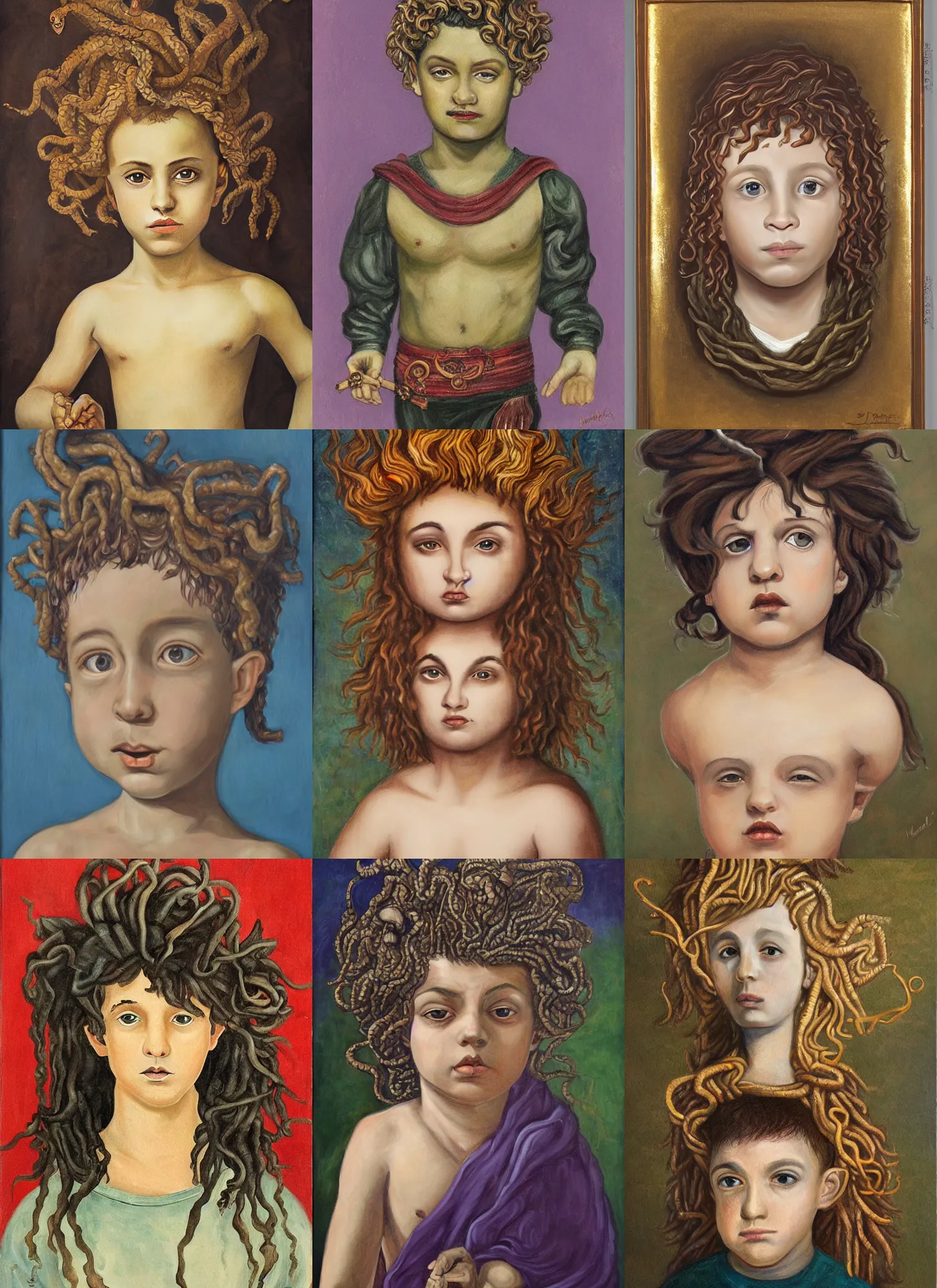 Prompt: small boy as medusa. fantasy, painted by nasreddine dinet, formal portrait.