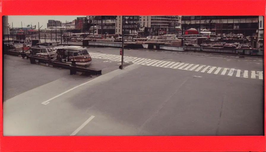 Prompt: analog polaroid photograph of a harbor district with road markings, warehouse, sea containers, seen from directly above, high perspective, warm azure tones, red color bleed, duotone, heavy film grain, depth of field