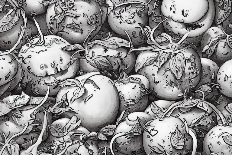 Image similar to a highly detailed cartoon of tomatoes playing with mozzarella balls, some sliced in half, basil leaves flying all over, playful vibe, full body, wide angle, an ultrafine detailed painting by joe fenton, trending on deviantart, pop surrealism, whimsical, lowbrow, perfect symmetrical face, sharp focus, octane, masterpiece