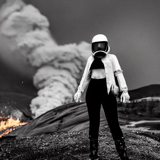 Image similar to white woman suit with gasmask, standing close to volcano, fire raining, professional photography, black and white, cinematic, eerie