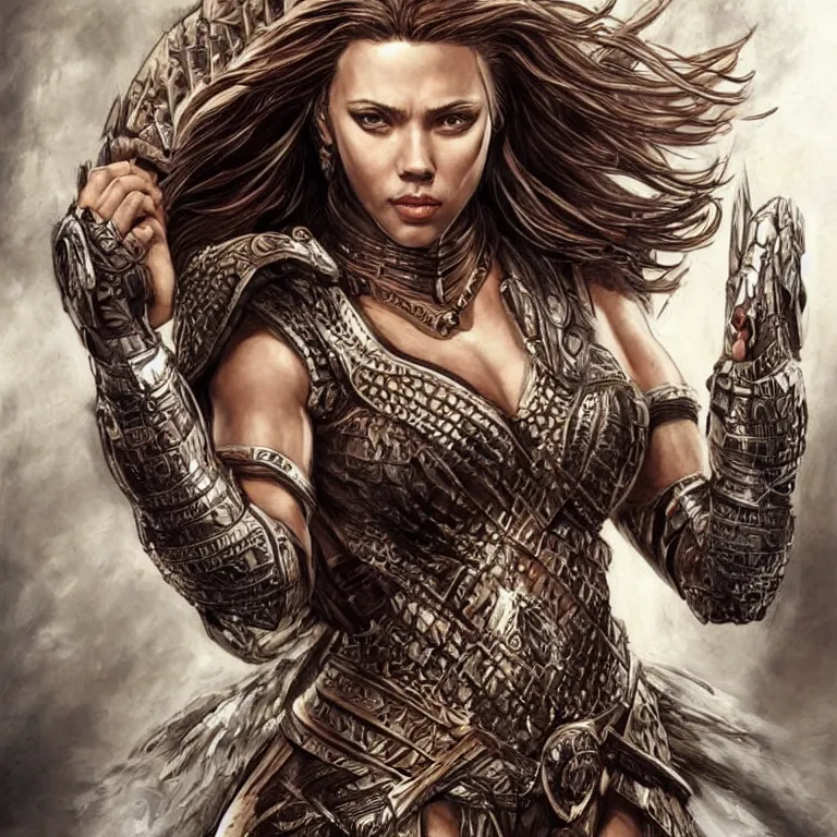 Image similar to scarlett johannson as an amazon warrior, a tall beautiful woman with brown skin and long hair, dressed in hellenistic body armor, intricate, elegant, highly detailed, smooth, sharp focus, detailed face, art by ardian syaf