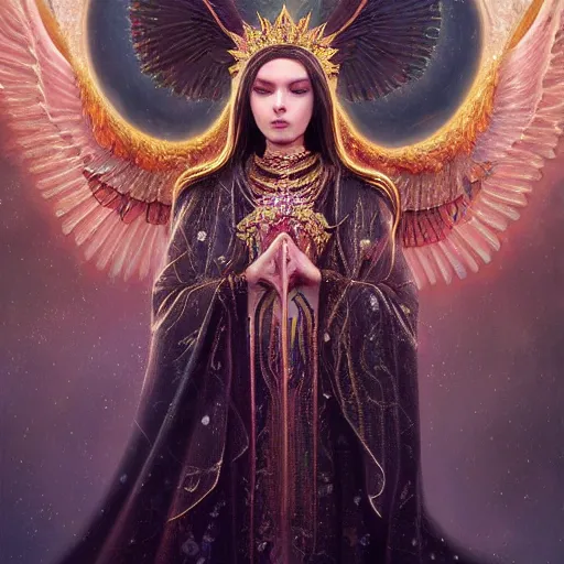 Image similar to A beautiful digital painting of a female Seraphim full of jewels, princess, the moon behind her, intricate, cinematic lighting, highly detailed, digital painting, Artstation, concept art, smooth, sharp focus, illustration, art by Tom Bagshaw, Artgerm and Greg Rutkowski