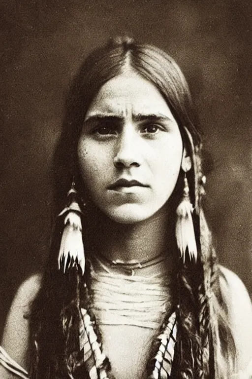 Prompt: “Photo of Native American indian woman Emma Watson, portrait, skilled warrior of the Chiricahua Apache, Lozen was the sister of Victorio a prominent Chief, showing pain and sadness on her face, ancient, realistic, detailed, emma watson”
