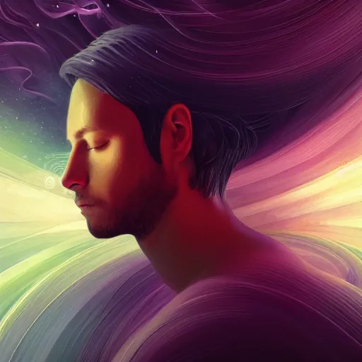 Prompt: the elegance of life, contrasting colors, cinematic, a simple textured vector based illustration, extraordinary lighting, a detailed man with hair in a meditating in the nebula, critical detail, atmospheric dreamscape painting, digital art, wlop by ( jeremiah ketner and leonardo da vinci and greg rutkowski ), sharp focus