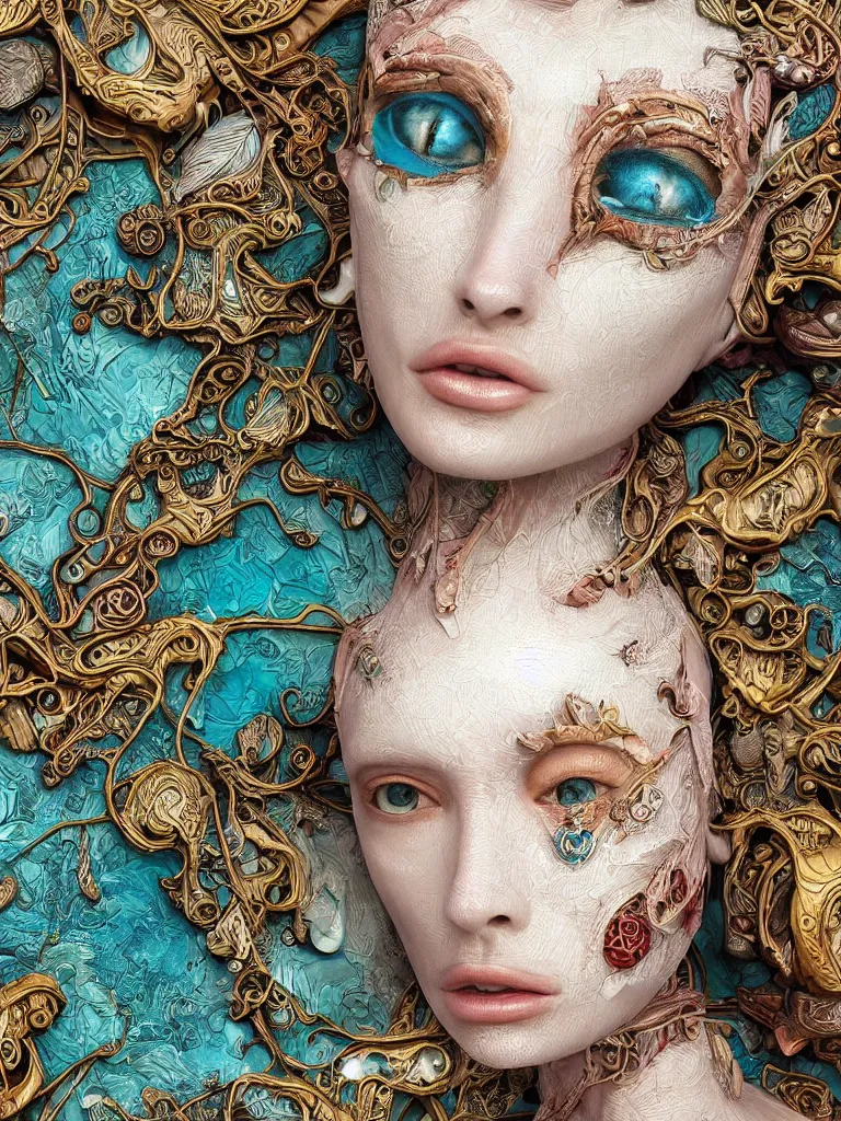 Prompt: cinema 4d colorful render, organic, ultra detailed, of a painted realistic porcelain face, with textured skin and white eyes. biomechanical android, analog, macro lens, beautiful natural soft rim light, big leaves, winged insects and stems, roots, fine foliage lace, turquoise gold details, Alexander Mcqueen high fashion haute couture, art nouveau fashion embroidered, intricate details, mesh wire, mandelbrot fractal, anatomical, facial muscles, cable wires, elegant, hyper realistic, in front of dark flower pattern wallpaper, ultra detailed, 8k post-production