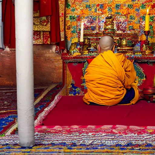 Prompt: portrait of a tibetan monk praying to a candlelit altar inside a tibetan temple, photography