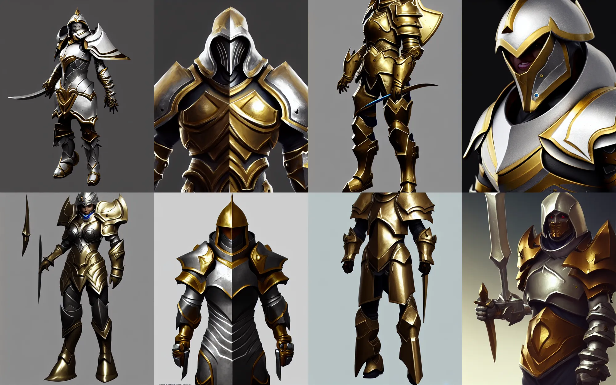 Image similar to stunning character art, epic paladin armor, trending on artstation, hd octane render, silver, gold trim, smooth shading, extremely clean, uncluttered, high quality, exaggerated proportions, very professional