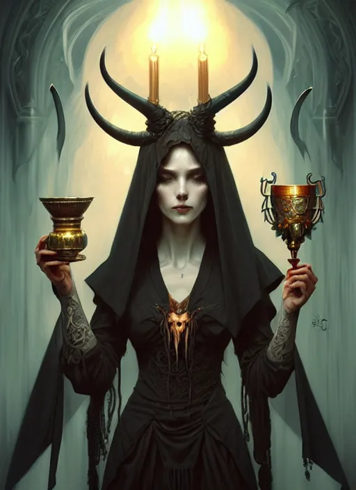 Prompt: a beautiful illustration of a satanic witch with horns in head holding a chalice, intricate, sharp focus, illustration, highly detailed, digital painting, concept art, matte, art by WLOP and Artgerm and Greg Rutkowski and Alphonse Mucha, masterpiece