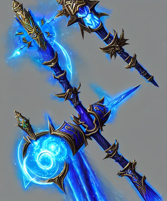 Prompt: bright weapon of warcraft blizzard wizard staff art, a spiral magical wizard staff. bright art masterpiece artstation. 8k, sharp high quality illustration in style of Jose Daniel Cabrera Pena and Leonid Kozienko, blue colored theme, concept art by Tooth Wu,