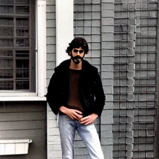 Image similar to a photo from 1 9 8 3 of yosef kavinsky standing in front of his new apartment by wes anderson