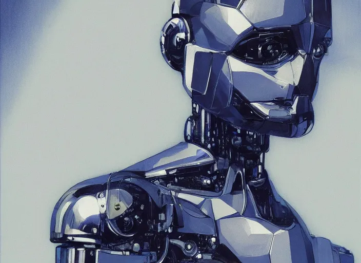 Image similar to a portrait of cyber - dog of sci fi metallic human by yoji shinkawa bright eyes, melancholic complex geometric figure liminal machinery by oskar schlemmer, moebius, john berkey, film grain, oil on canvas, portrait facial head, featured on artstation, hd wallpaper, 8 k