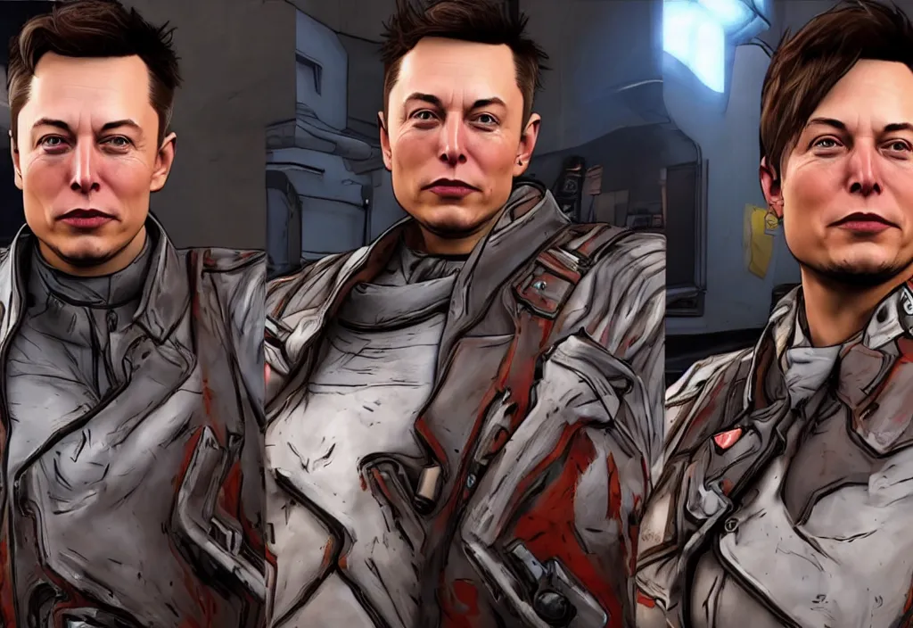 Image similar to elon musk in borderlands elon musk in the video game borderlands, gameplay screenshot, close up, 3 d rendering. unreal engine. amazing likeness. very detailed.