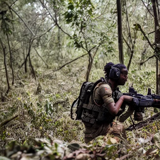 Prompt: close up CSAT Viper Special Forces fighting devastated burning exploding jungle combat photography 2022, Canon EOS R3, f/1.4, ISO 200, 1/160s, 8K, RAW, unedited, in-frame,