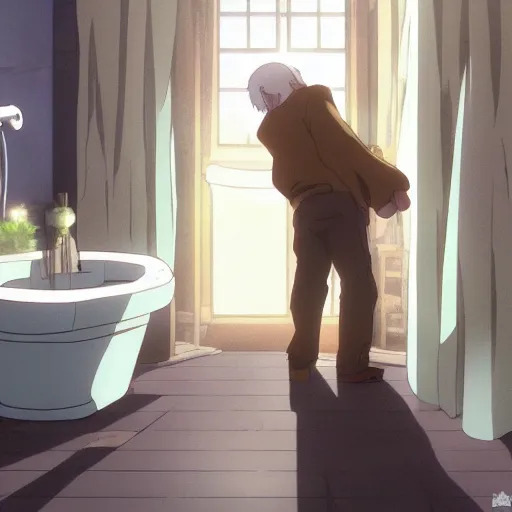 Prompt: bathroom, an old man falls on the floor,anime scenery by Makoto shinkai