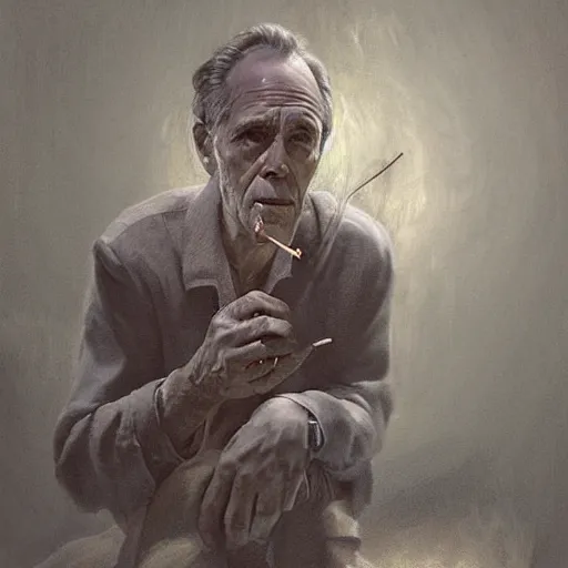 Prompt: a highly detailed epic cinematic concept art CG render digital painting artwork costume design: Henry Fonda as a 1950s tired disillusioned poet, barefoot, smoking a cigarette. volumetric lighting. By Greg Rutkowski, in the style of Francis Bacon and Syd Mead and Norman Rockwell and Beksinski, open ceiling, highly detailed hands and cigarette, painted by Francis Bacon and Edward Hopper, painted by James Gilleard, surrealism, airbrush, Ilya Kuvshinov, WLOP, Stanley Artgerm, very coherent, triadic color scheme, realistic facial expression, art by Takato Yamamoto and James Jean