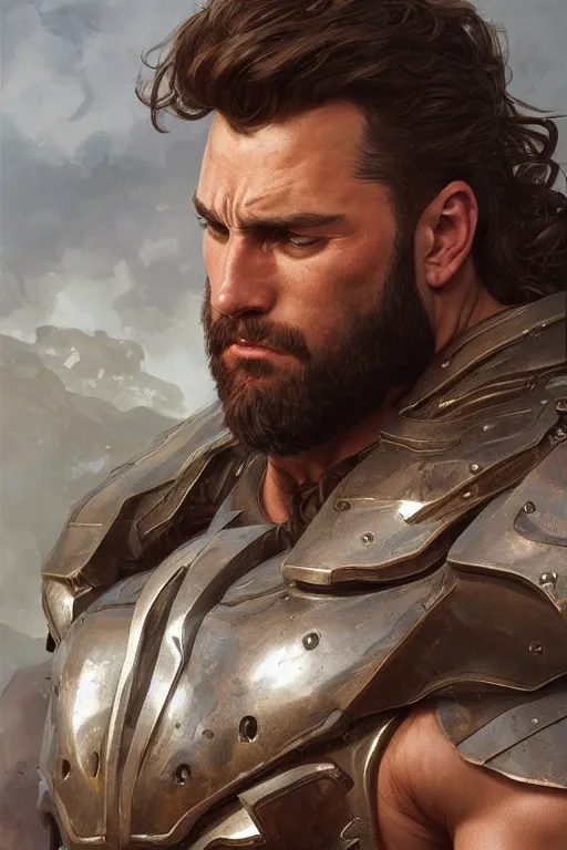 Prompt: ultra realistic illustration, a hulking herculean gigachad with simple silver armour, thick brown beard, wavy smooth brown hair, intricate, elegant, highly detailed, digital painting, artstation, concept art, smooth, sharp focus, illustration, art by artgerm and greg rutkowski and alphonse mucha