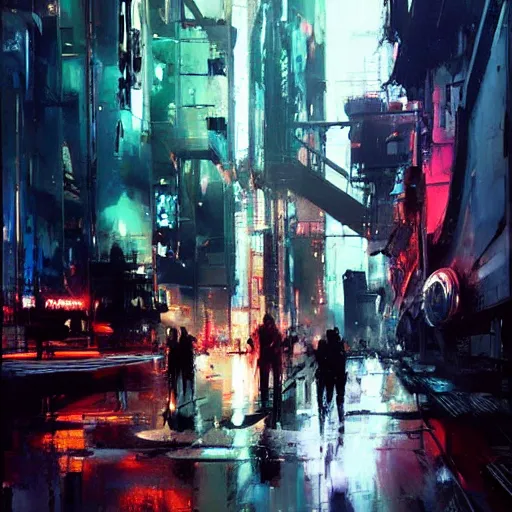 Prompt: cyberpunk by greg rutkowski, by jeremy mann, by francoise nielly