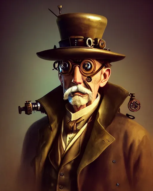 Image similar to steampunk old man portrait, handsome, steampunk hat, detective coat, steampunk monocle, hyper realistic 3 d render by ilya kuvshinov, peter mohrbacher, greg rutkowski, ryohei hase, dramatic lighting, intricate, highly detailed, sharp focus, luminous, unreal engine, blender, deviant art, masterpiece, ray tracing