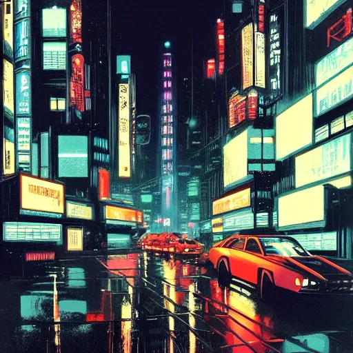 Prompt: high detailed cyberpunk rainy city at night with a torii in the background by Syd Mead, high quality, 4K, UHD, trending on ArtStation, blade runner vibes, ghost in the shell