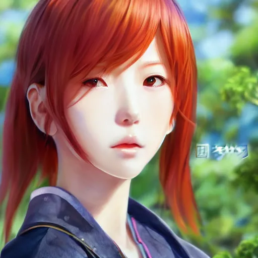 Image similar to ultra-detailed, HD semirealistic anime CG concept art digital painting of a redhead close-up Japanese schoolgirl, by a Chinese artist at ArtStation, by Huang Guangjian, Fenghua Zhong, Ruan Jia, Xin Jin and Wei Chang. Realistic artwork of a Chinese videogame, gentle an harmonic colors.